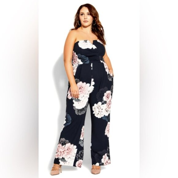 City Chic Navy French Floral Strapless Jumpsuit Size 24 NWT - Picture 1 of 15